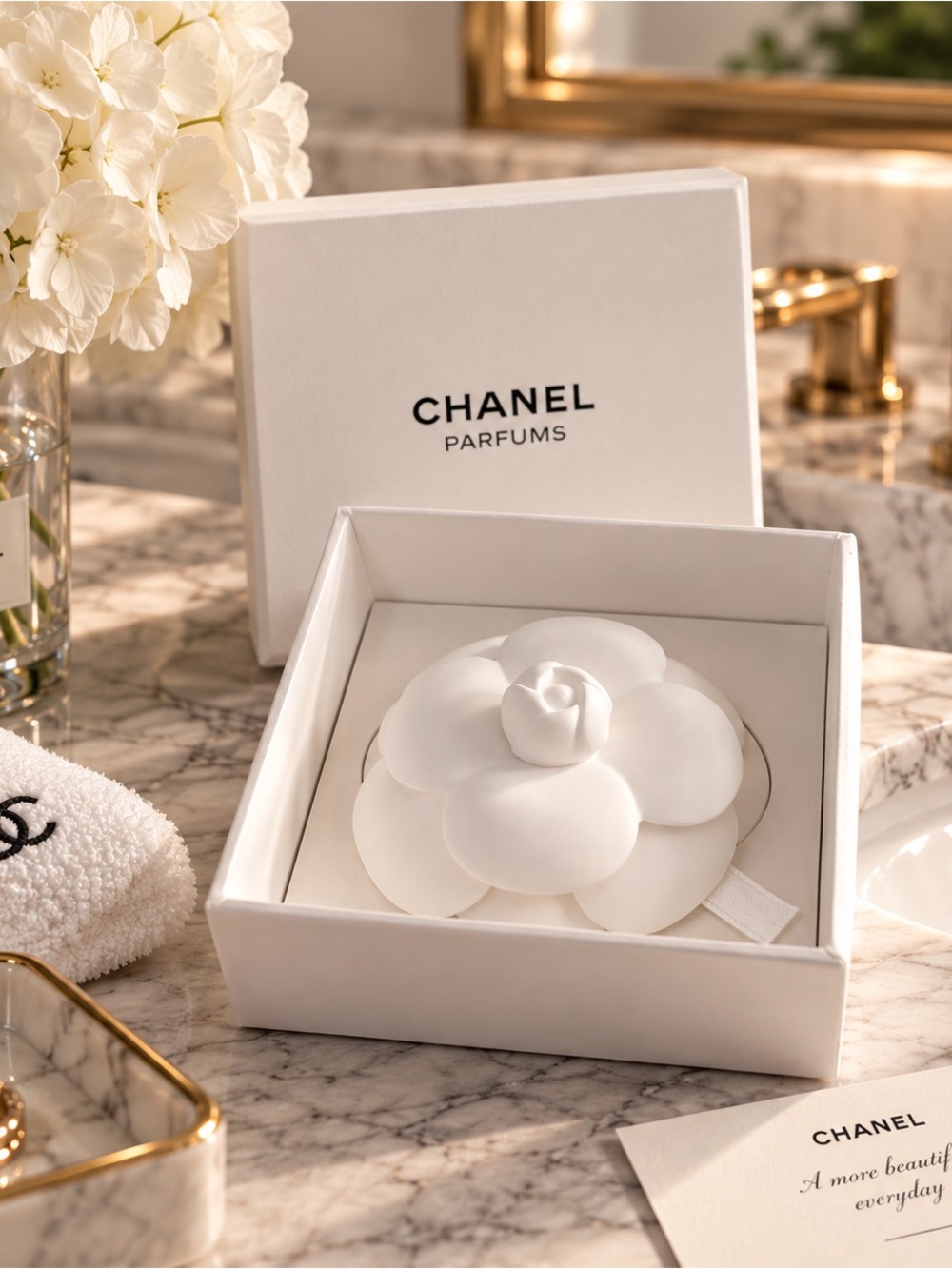 CHANEL White Camellia ceramic Flower scent diffuser/ paperweight Accessory